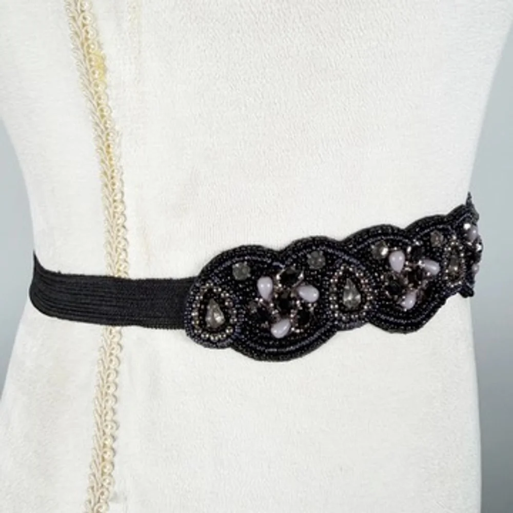 Stunning Special Occasion Statement Waist Belt Black Blue Beaded Stretch Size S
